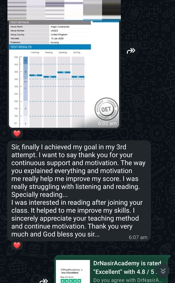Anonymised WhatsApp message from a cleared OET student: a nurse reporting all four skills cleared on the third attempt. The name, profile photograph and any candidate number are removed from the image.