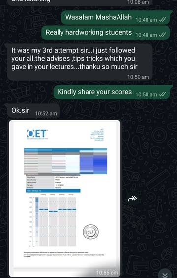 Anonymised WhatsApp message from a cleared OET student: a doctor reporting the exam cleared on the third attempt. The name, profile photograph and any candidate number are removed from the image.