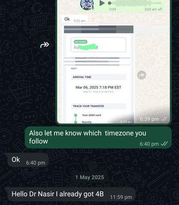 Anonymised WhatsApp message from a cleared OET student: a student reporting four B grades. The name, profile photograph and any candidate number are removed from the image.