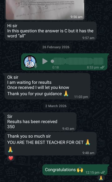 Anonymised WhatsApp message from a cleared OET student: a student reporting a result of 350. The name, profile photograph and any candidate number are removed from the image.