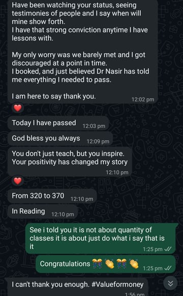 Anonymised WhatsApp message from a cleared OET student: a student reporting a Reading score rising from 320 to 370. The name, profile photograph and any candidate number are removed from the image.